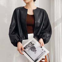 Veste chic en cuir véritable pour femme, coupe décontractée, épaules tombantes, manteau court, manches ballon, élégante, beige, vêtement d'extérieur tendance