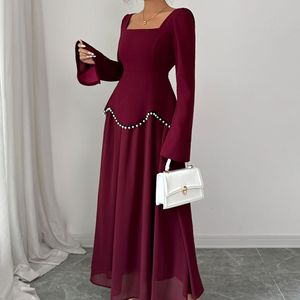 فستان نسائي جديد طويل وأنيق بياقة مربعة وأكمام طويلة مزين باللؤلؤ ومرقع، فستان طويل أنيق وبسيط وراقي - Product Image 2