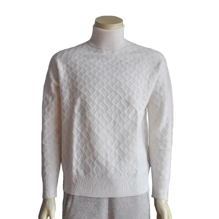 Men's Turtle Neck Diamond Jacquard Pure Cashmere Pullover Sweater