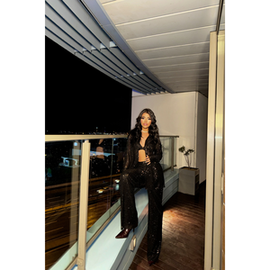 Ensemble 3 pièces à paillettes : veste, bustier, pantalon, robe de soirée noire transparente - Product Image 2