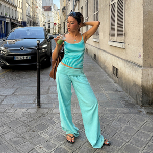 Conjunto de Dos Piezas para Mujer, Top Camisola a Rayas y Pantalones Anchos con Cintura Plegable, Tejido Acordonado, Estilo Casual de Verano - Product Image 1