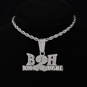 Collar de Moda con Colgante Iced Out Hiphop Born 2 Hustle y Cadena Cubana de Diamantes de 12 mm - Product Image 5
