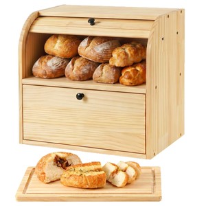 Wooden Bread Storage Box <b>Double</b> Layer Sliding Cover Kitchen Countertop Bread <b>Bin</b> With Ventilation Holes And Anti Slip Pads - Product Image 2