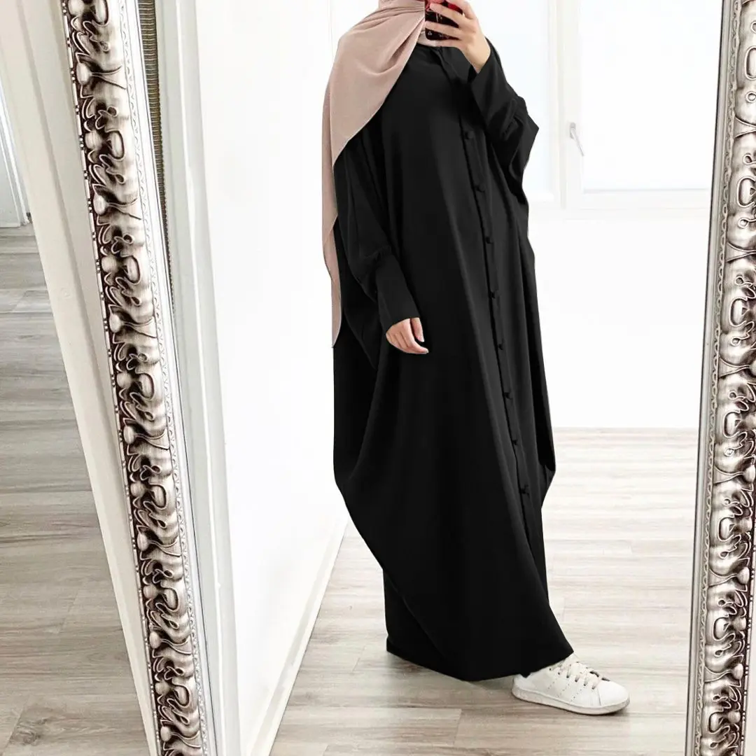 2022 Grosir Jilbab Padat Abaya dengan Kancing Dekorasi Kain Linen Lengan Panjang Gaun Maxi Muslim