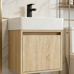 Mueble de Baño de Pared de 18 Pulgadas con Lavabo de Cerámica Integrado, Acabado <span class=keywords><strong>Roble</strong></span> <span class=keywords><strong>Claro</strong></span>, Gabinete de Almacenamiento con Una Puerta - Product Image 3