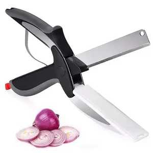 Gunting makanan dapur, alat pengiris pintar pisau Stainless Steel dengan papan pemotong bawaan untuk gunting pemotong buah sayuran