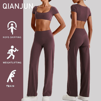 Vêtements de sport personnalisés, ensemble de yoga à manches courtes et pantalon large, 2 pièces, vêtements de sport pour la salle de sport, vêtements de fitness en plein air, ensembles pour femmes