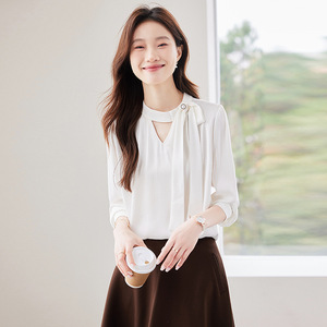French Style Tie Neck Long Sleeve Shirt Women <b>White</b> Chiffon Solid Color Casual Spring Autumn Top - Product Image 1