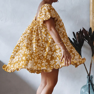 Nouvelle robe maxi à imprimé floral d'été, col carré, mini-jupe, robe de plage personnalisée en lin et viscose - Product Image 3
