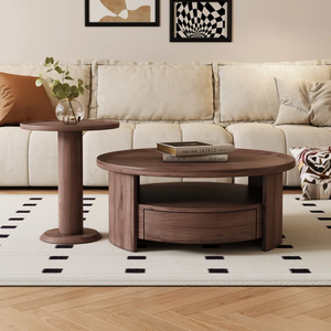 Lineage Modern Farmhouse Table basse ronde Ensemble de 2 tables gigognes en bois massif avec rangement caché Décor de salon extensible - Product Image 6