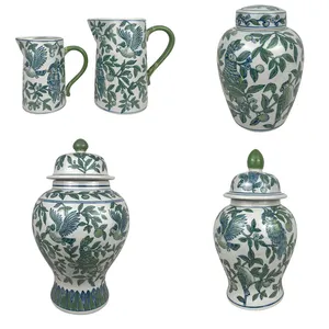 RXAE-FL23-026-S-L grüne und weiße schöne Blumen-und Vogel muster keramik vase für Haupt dekoration