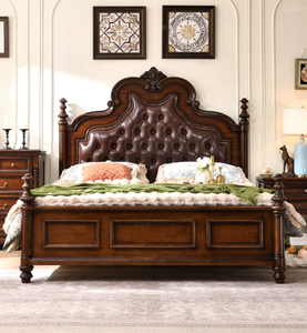 Traditional Solid Wood King Size Bedroom Set <b>Frame</b> Tufted Leather Upholstered Carved Wooden Design Bedroom Furniture - Product Image 4