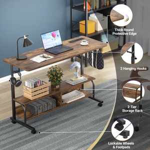 Taşınabilir Ahşap Yüksekliği Ayarlanabilir Mobil Bilgisayar Masası Tekerlekler 2 Katmanlı Raflar Depolama Kolay Montaj Ev Ofis için Dizüstü Bilgisayar Masası - Product Image 3