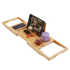 Baki Bak Mandi Bambu Caddy, Bak Mandi Kamar Mandi Dapat Disetel dengan BUKU Tablet Tempat Handuk Cangkir Kaca Anggur