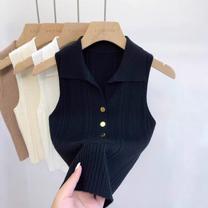 <span class=keywords><strong>Gilet</strong></span> tricoté à col polo pour <span class=keywords><strong>femme</strong></span>, haut <span class=keywords><strong>sans</strong></span> manches ajusté pour l'automne, chemise de base - Product Image 3