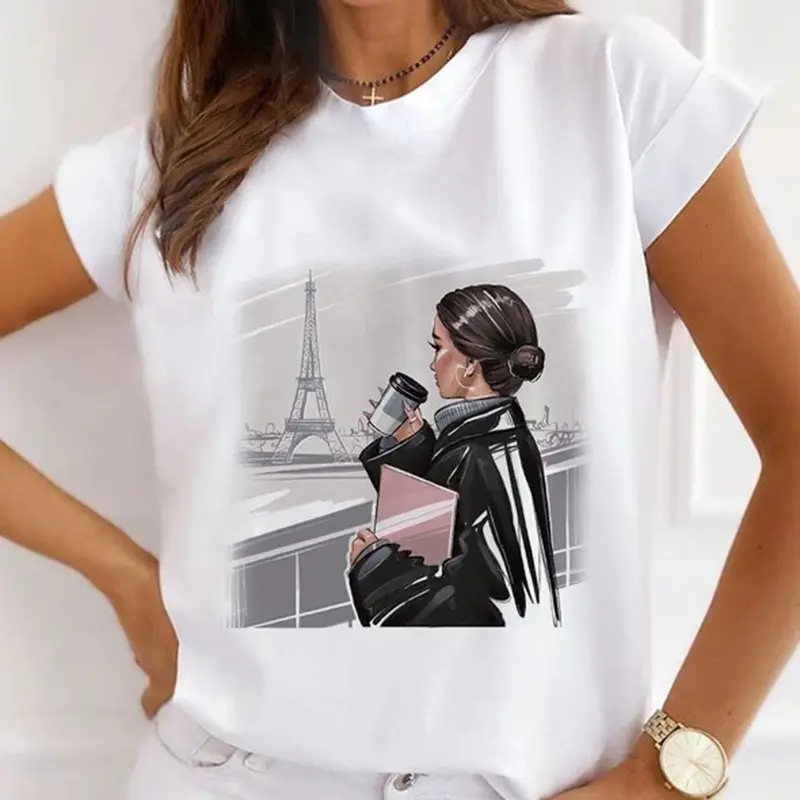 T-Shirt da donna a buon mercato a manica corta a manica corta con stampa grafica bella camicetta casual da donna a collo morbido top da lavoro