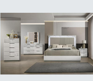 ชุดเตียงโลหะทันสมัย 5 ชิ้น รุ่นควีน ดีไซน์สองสีเคลือบเงาแบบหินอ่อน พร้อมไฟ LED ตกแต่ง หุ้มผ้าเนื้อผ้าอย่างดี - Product Image 1