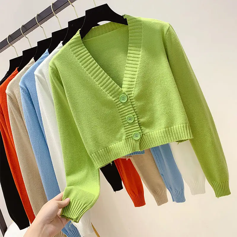 2021 Knitted Crop Cardigan Women Sweaters Korean Short Cardigan Knitted Sweater Long Sleeve V Neck Green Blue