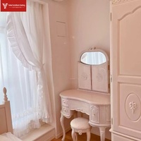 Table de toilette vintage française en bois massif rose, table de maquillage de luxe sculptée pour chambre à coucher, coiffeuse style princesse avec miroir