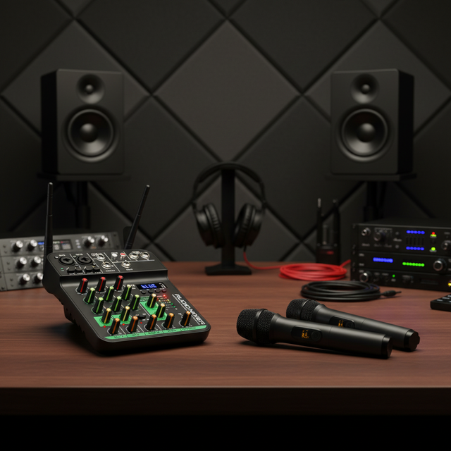 4-Channel DJ Audio Mixer Wireless Microphone Bluetooth USB Recording LED Lighting-Professional Metal-Plastic Hybrid for Karaoke