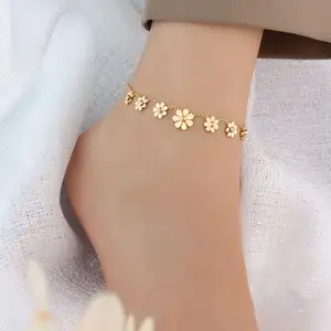 Mulheres coreanas Design Chic Daisy Flower 18k Real banhado a ouro aço inoxidável impermeável Tornozelo Cadeia Pé Jóias Tornozeleira