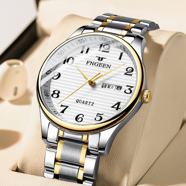 FNGEEN Watch for Men Waterproof Stainless Steel Digital Large Dial Quartz Watches Dual Calendar Week Display Men's Wristwatches