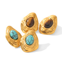 Boucles d'oreilles pendantes tendance en acier inoxydable, pierres naturelles œil de tigre et turquoise, design haut de gamme inaltérable pour femme, style Médicis