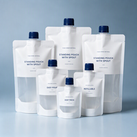 Pochettes souples transparentes personnalisées de différentes tailles avec bec verseur, refermables et thermoscellables pour suppléments liquides, miel et huiles