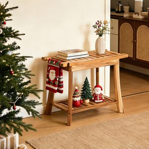 Tabouret de douche en bois massif avec barre porte-serviettes et étagère de rangement 35,6x59,9x45,5 cm, imperméable, résistant à l'humidité, antidérapant - Product Image 1