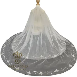 Роскошная прозрачная Фата для невесты queensdress с текстурой и жемчужной отделкой, свадебный аксессуар