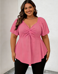 Chemisier décontracté à manches courtes Joyinspring pour femme, grande taille, printemps/automne, rouge rosé, en fibre de lait, col en V, avec nœud 3D - Product Image 1