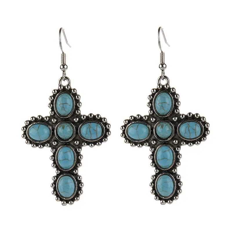 Personalized Native Antique Silver Plated Metal Vintage Turquoise Cross Earrings Women Jewelry