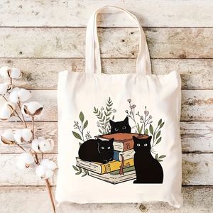 Sac fourre-tout en toile imprimé avec illustration florale de chat noir, réutilisable, grande capacité, sac de courses, cadeau pour femme, livre - Product Image 2