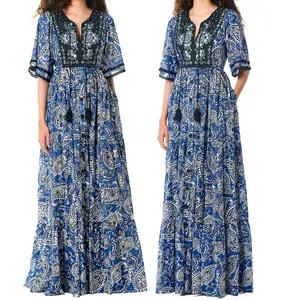 Plus size summer loose sleeve embroidery gypsy paisley print casual maxi elegant dress with pockets