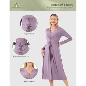 Vestido de Manga Larga con Cuello en V para Mujer, Corte en A, Cintura Alta, Informal, para Uso Diario, Transpirable, Viscosa de Bambú, Tallas S a XXL - Product Image 2
