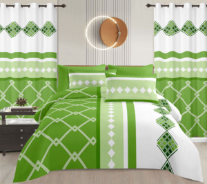 Wholesale King Size 8-Piece <strong>Bed</strong> <strong>Fitted</strong> <strong>Sheet</strong> Set with Curtains Microfiber Fabric Green Geometric American Style for Wedding - Product Image 2