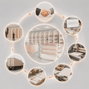 Étagères murales en métal sur mesure, comptoirs de maquillage en MDF de qualité supérieure, design en arc, meubles de magasin de beauté rétroéclairés - Product Image 5