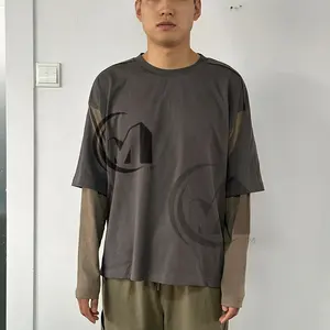 Benutzer definierte zweifarbige Schnitte Kleidung Doppels chicht Langarm Wide Boxy Box Fit Blank Benutzer definierte Drop Cut und Nähen T-Shirt für Männer