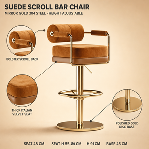 Taburete de Bar Moderno de Gamuza con Respaldo Curvo y Estructura de Acero Inoxidable 304 Dorado, Silla de Comedor Ajustable en Altura para el Hogar, Fabricación Personalizada - Product Image 1