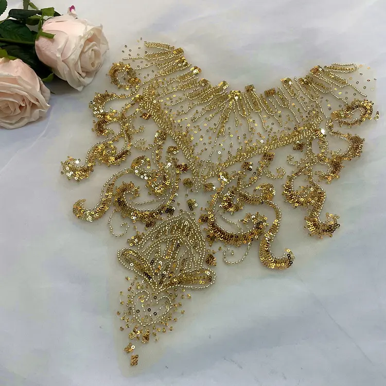 Vestido para crianças, vestido de casamento com miçangas douradas para decoração diy, pano de noiva com lantejoulas, bordado, com aplique