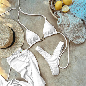 Conjunto de bikini de 3 piezas para mujer al por mayor: Top halter con lazo, braga de bikini de corte alto y tanga cruzada de secado rápido y transpirable para playa. - Product Image 2