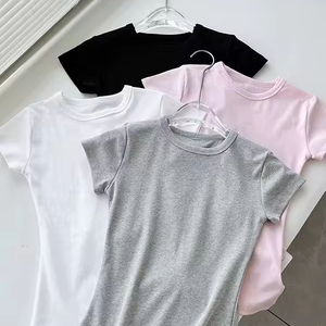 T-shirt court en coton pour femme, décontracté, personnalisé, à manches courtes, uni, tricoté compressé, écologique, pour l'été - Product Image 1