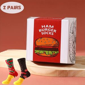 Dos pares de calcetines con estampado de hamburguesas coloridas para hombres y mujeres, para la víspera de Halloween, para regalar a amigos, para las cuatro estaciones, otoño e invierno - Product Image 1