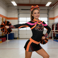Tenues de cheerleading Glam Noir Orange Rose avec strass, haut à manches longues et jupe, service OEM pour compétitions d'équipes de cheerleading