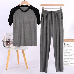Conjunto de pijamas de Modal de alta calidad para <span class=keywords><strong>hombre</strong></span>, <span class=keywords><strong>verano</strong></span>, informal, suelto, manga corta y pantalones largos, 2 uds., ropa suave y cómoda para el hogar - Product Image 2