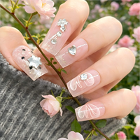 Ongles à presser en ABS rose nude pour doigts, courts et carrés, avec strass 3D et nœud en dentelle