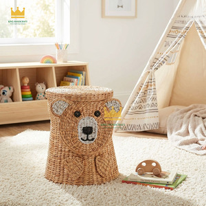 <b>Cute</b> <b>Bear</b> Shaped Water Hyacinth Storage Basket For Kids Room Cartoon Design Natural Fiber Toy Organizer Round Shape Stand Type - Product Image 4