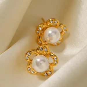 High-End Design Non Fading Stainless Steel Earring Flower Shell Pearl Stone Earrings For Women