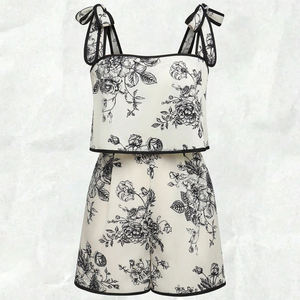 Ensemble personnalisé <span class=keywords><strong>de</strong></span> camisole et short à fleurs noir et blanc pour femmes, vêtements <span class=keywords><strong>de</strong></span> <span class=keywords><strong>plage</strong></span> et <span class=keywords><strong>de</strong></span> vacances - Product Image 3