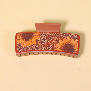 Pinza de Pelo Rectangular de Piel Sintética con Estampado Paisley y Girasol, Pinza de Pelo Retro Boho, Accesorios de Moda para el Cabello - Product Image 5